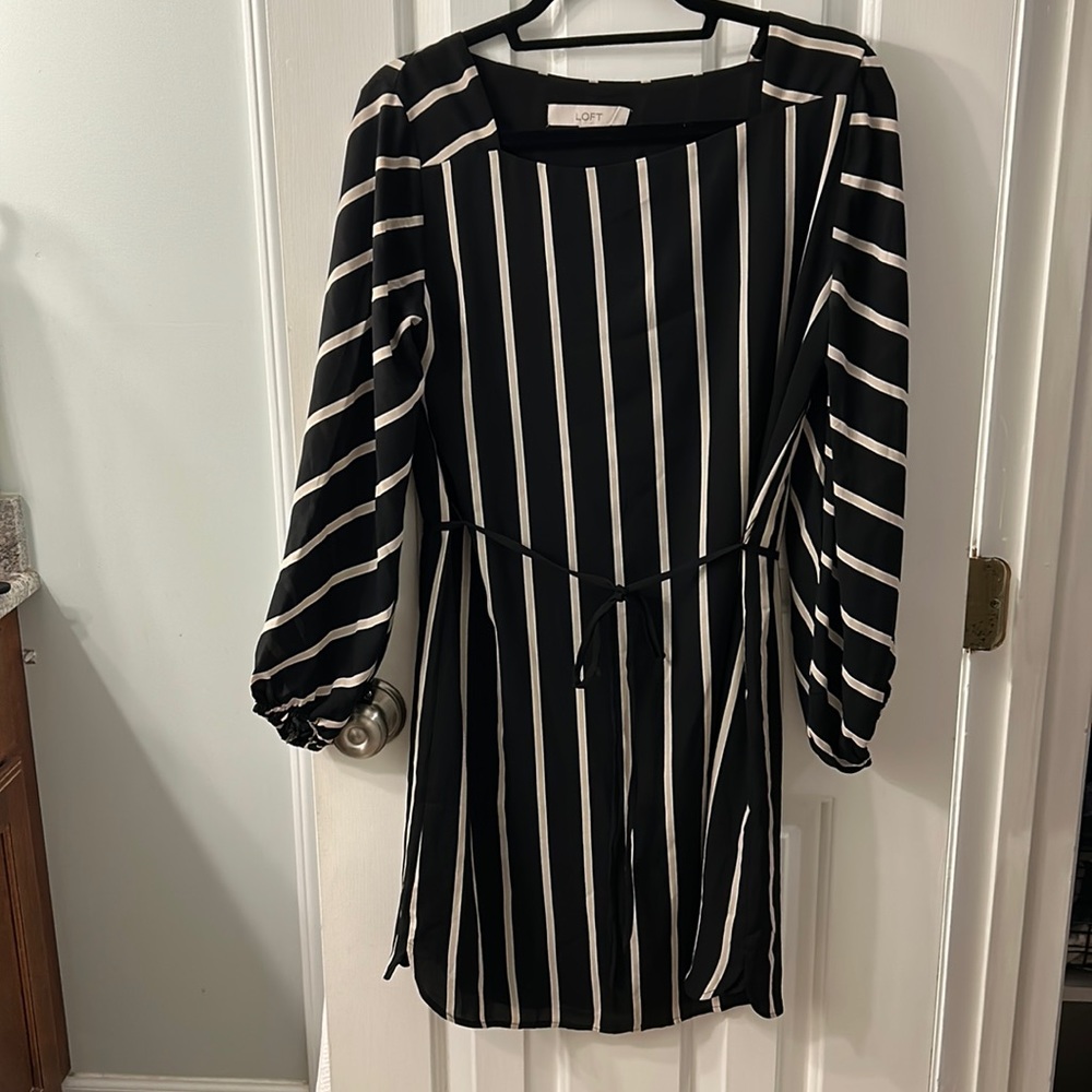 LOFT square neck black and cream striped dress